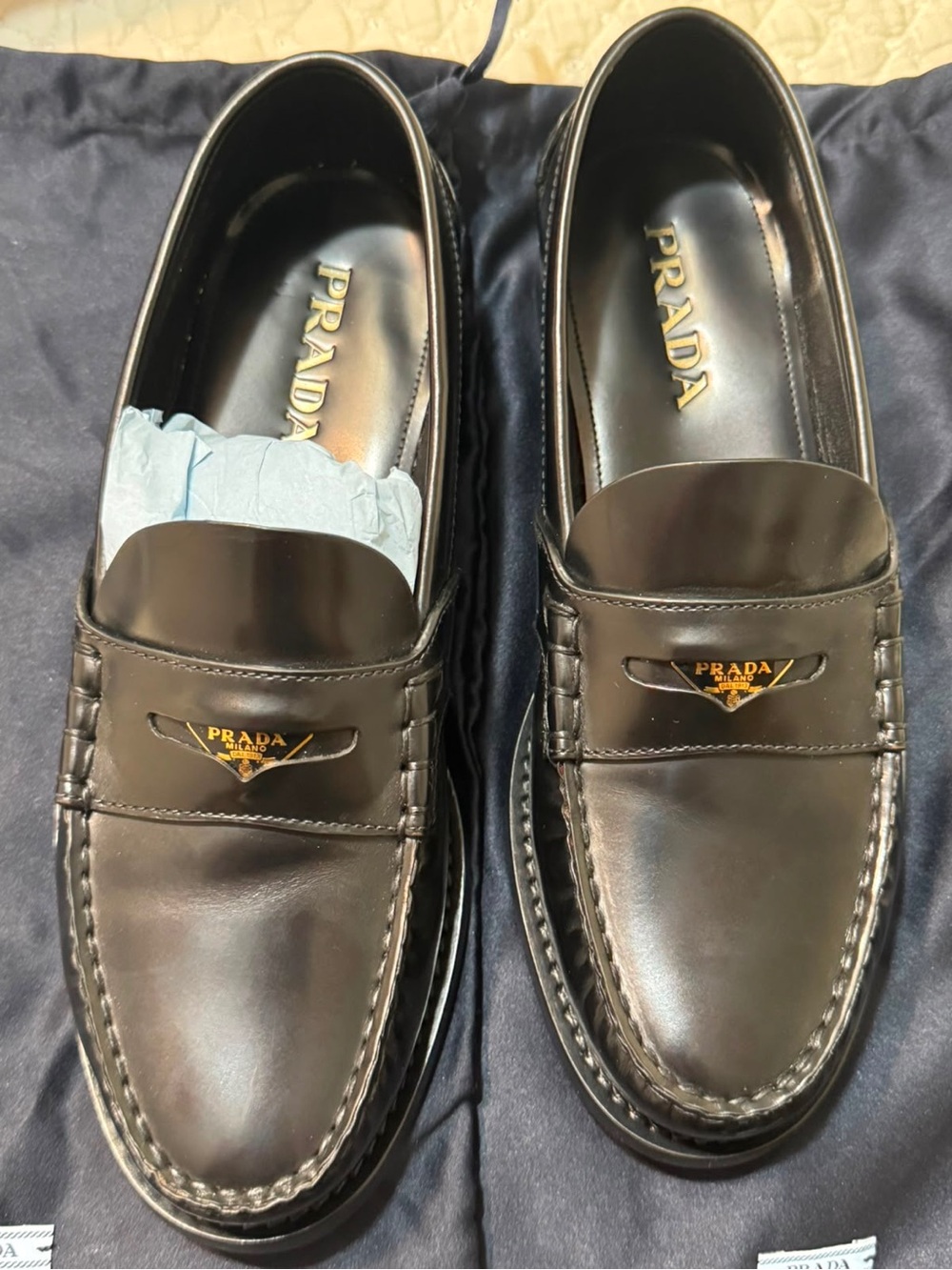 Prada Black Leather Penny Loafers with Gold Logo Hardware